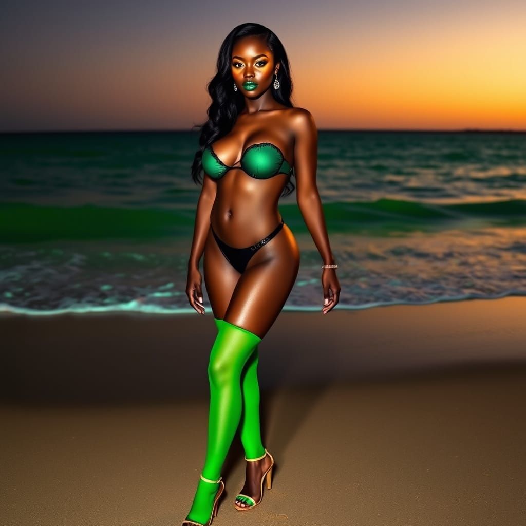 Bioluminescent Beach Portrait with Green Accents