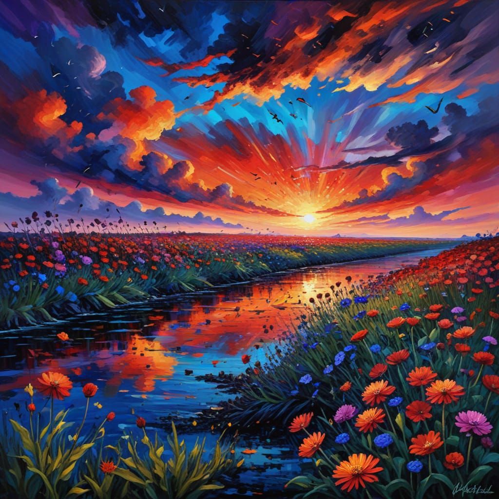 Vibrant Countryside Sunset with Abstract Colors