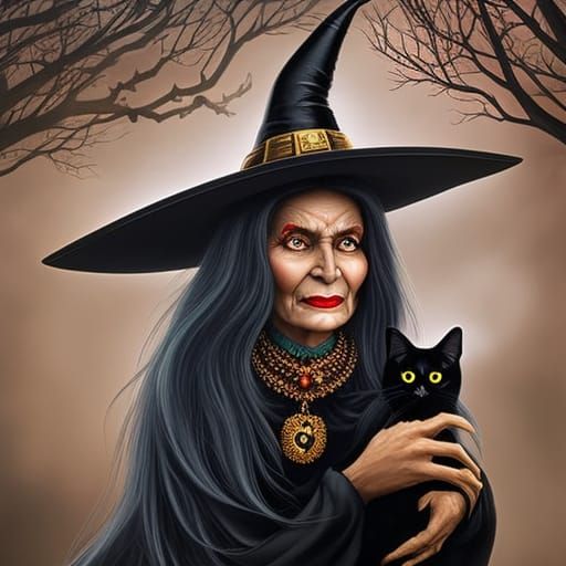 Scary Witch Baba Yaga with Black Cat Portrait