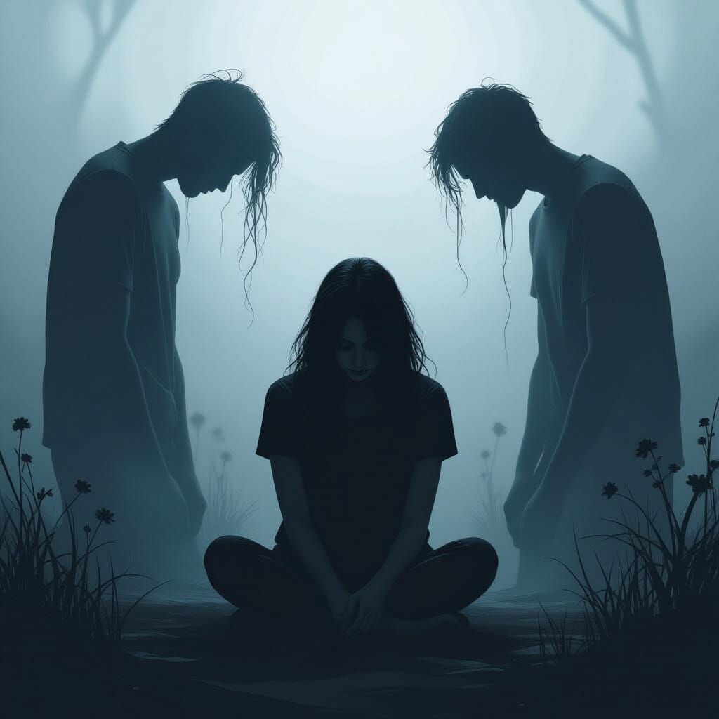 Dark Silhouettes Surround Person in Ethereal Lighting