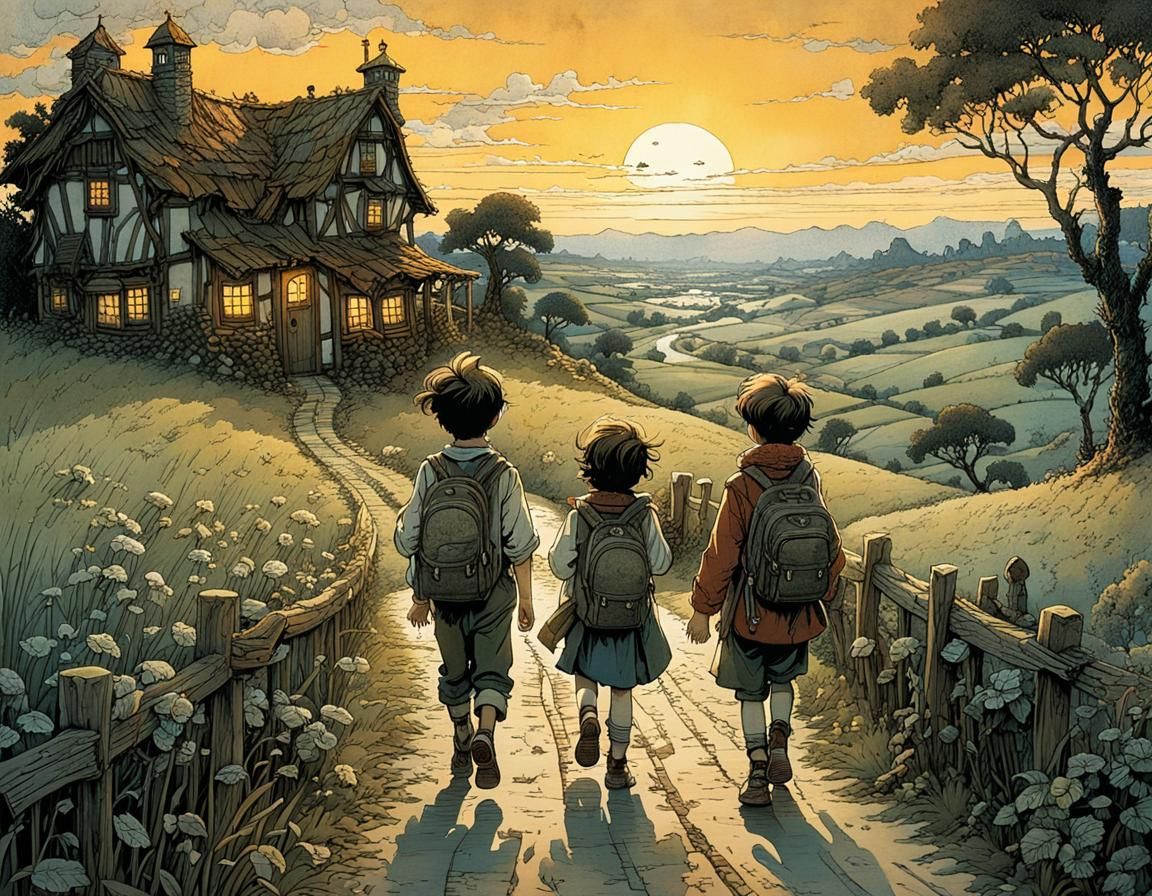 Charming Siblings Navigate Enchanting Countryside Dusk Scene