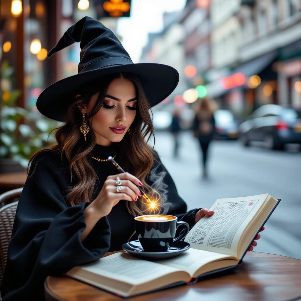 Modern Witch Enjoys Latte with Glowing Wand in Urban Cafe