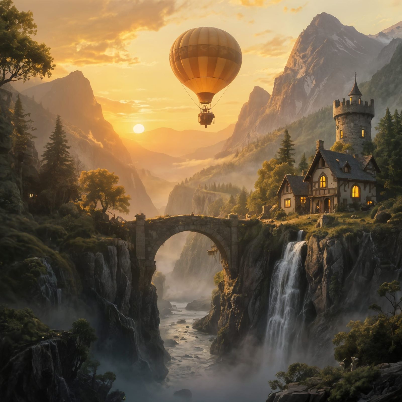 Fantastical Valley Sunset with Hot Air Balloon Digital Paint...