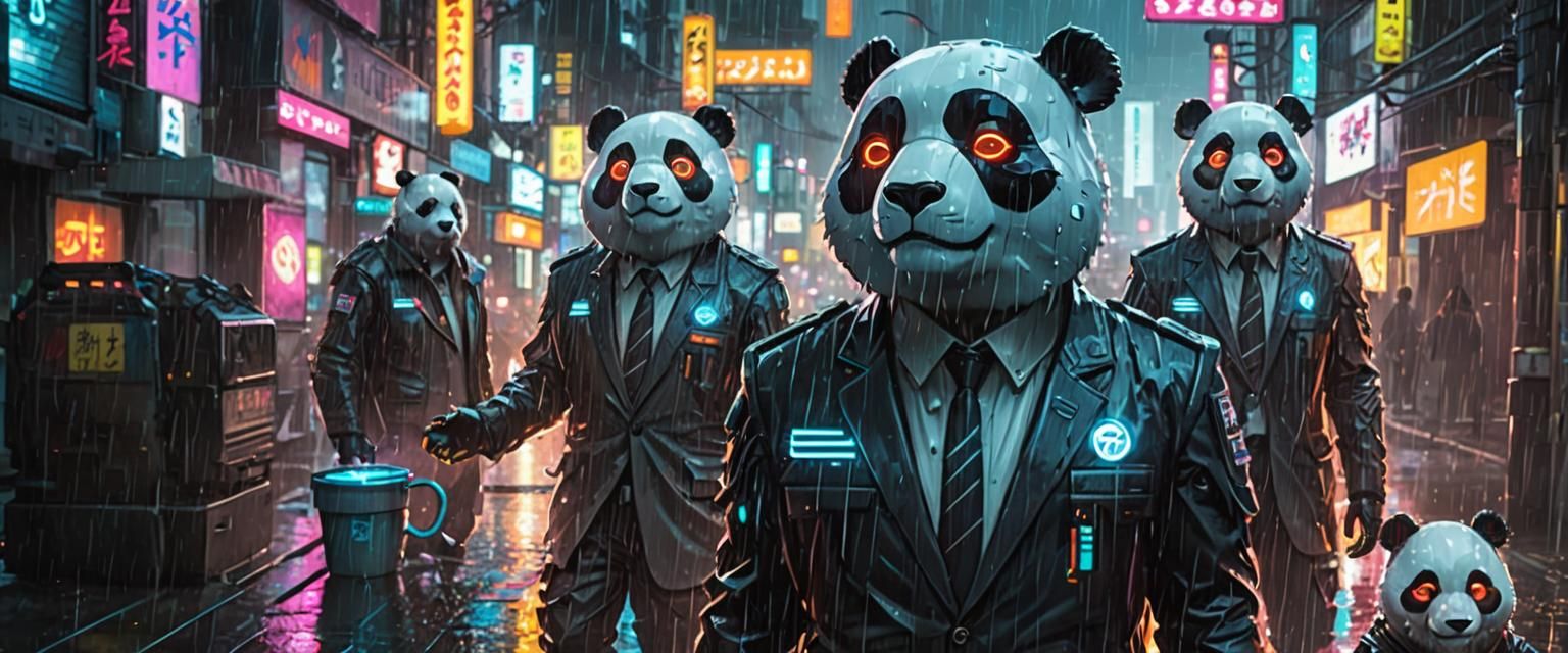 Panda Android Soldiers in Cyberpunk Cityscape