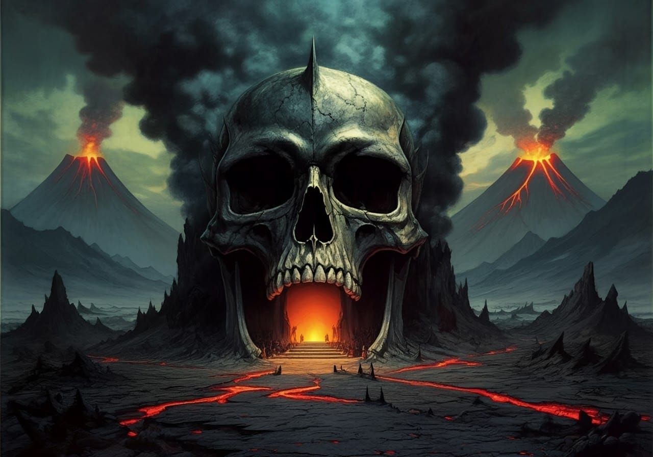 Grimdark Skull Volcano Entrance in Retro Fantasy Style