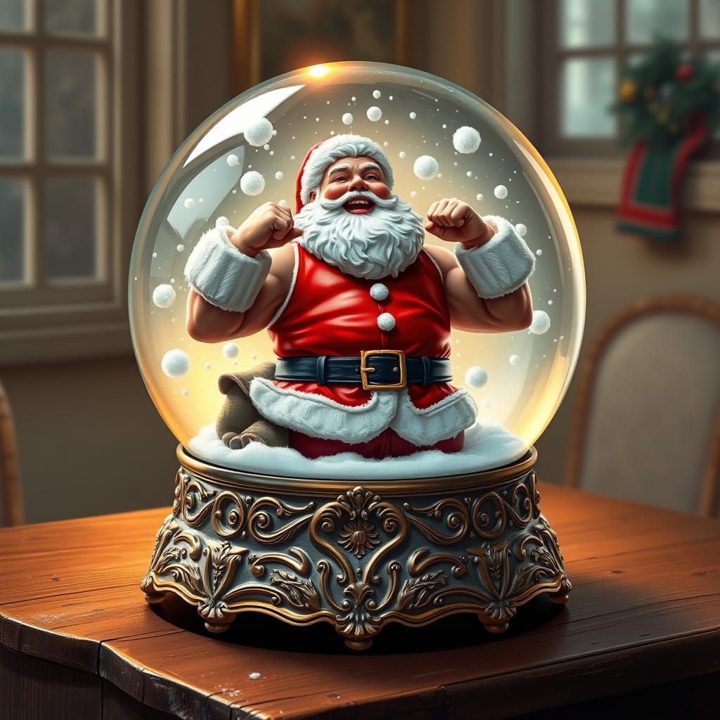 Surreal Silver Snowglobe Scene with Athlete Santa