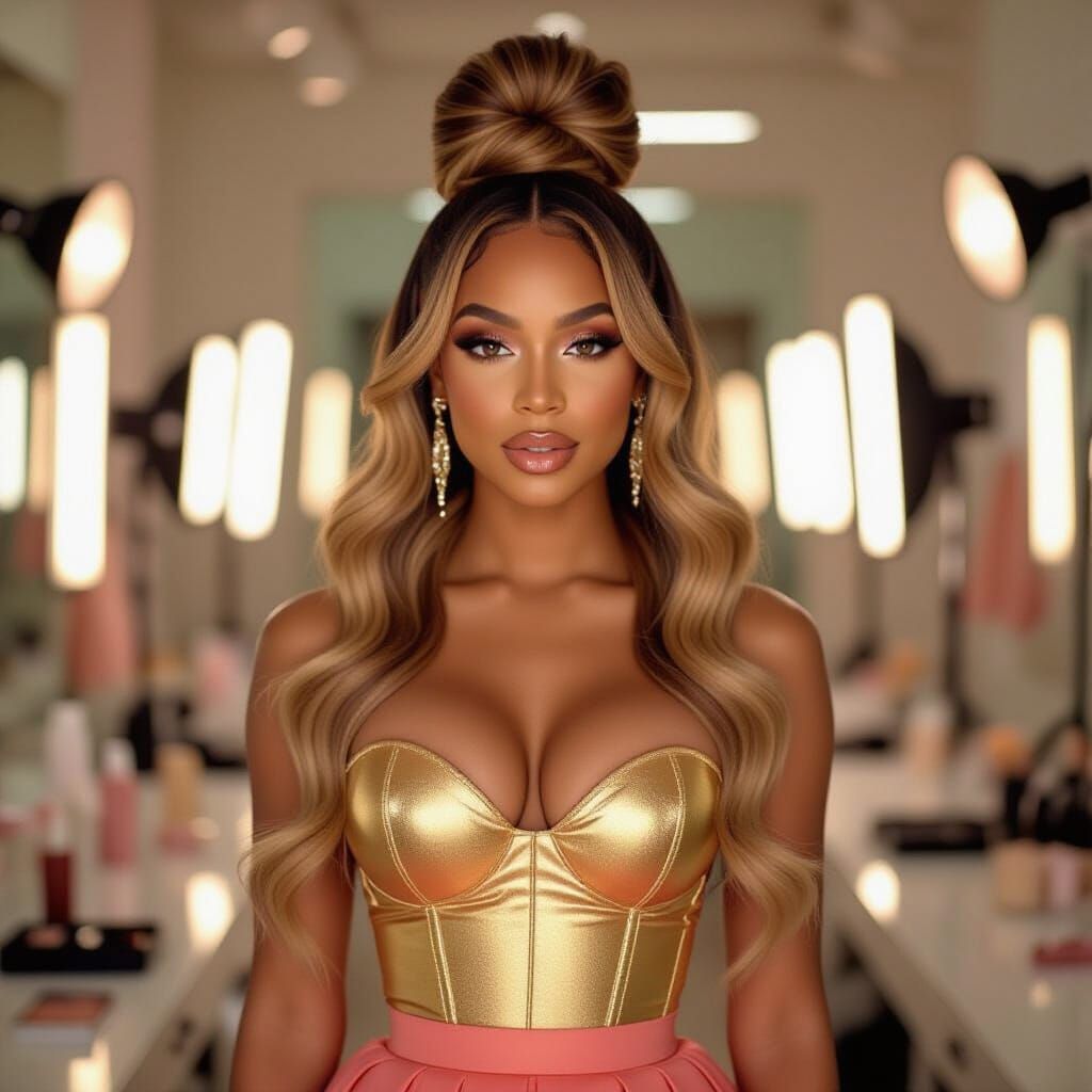 Golden-Toned Woman With Messy Bun in Studio