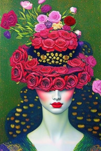 Surreal Rose Hat Portrait in Klimt Style