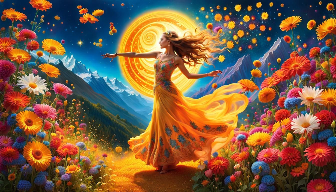 Surreal Woman Dancing Among Sun and Moon Flowers