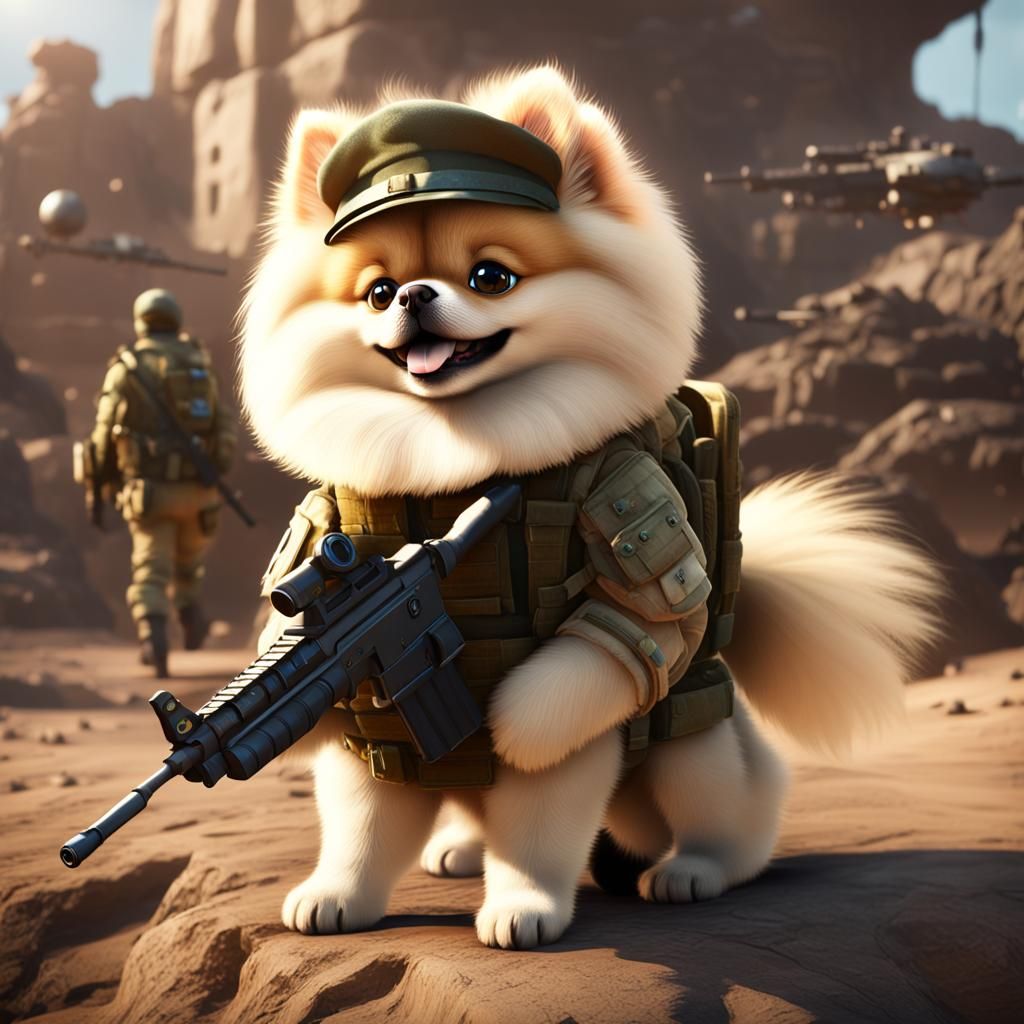 Cream Pomeranian as IDF Soldier: Detailed Matte Painting
