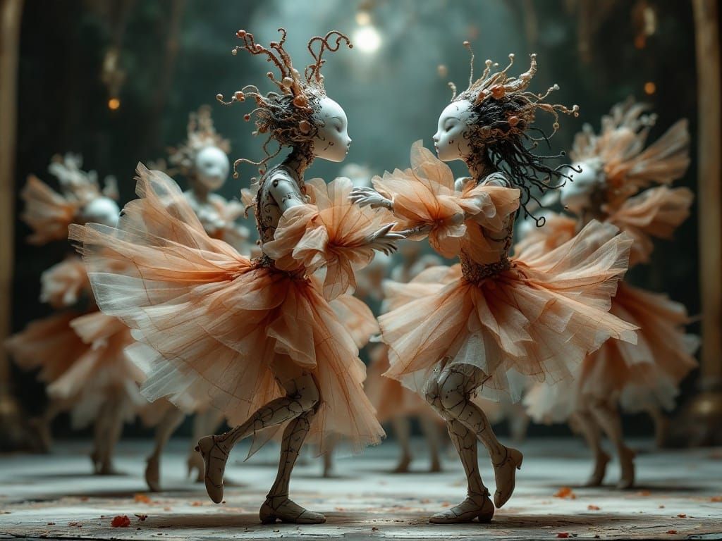 Jointed Ceramic Sgraffito Figures Caught Mid-Step