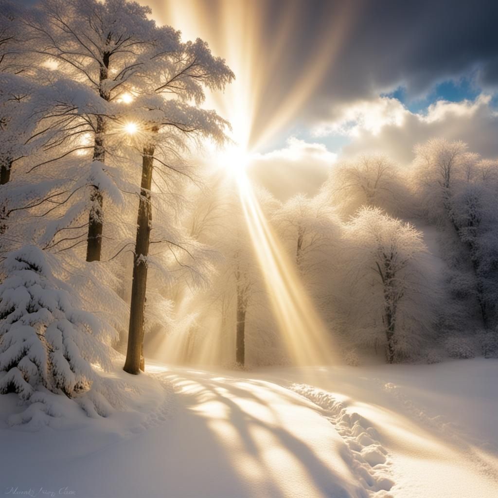 Winter Landscape with Divine Sunshine Beams