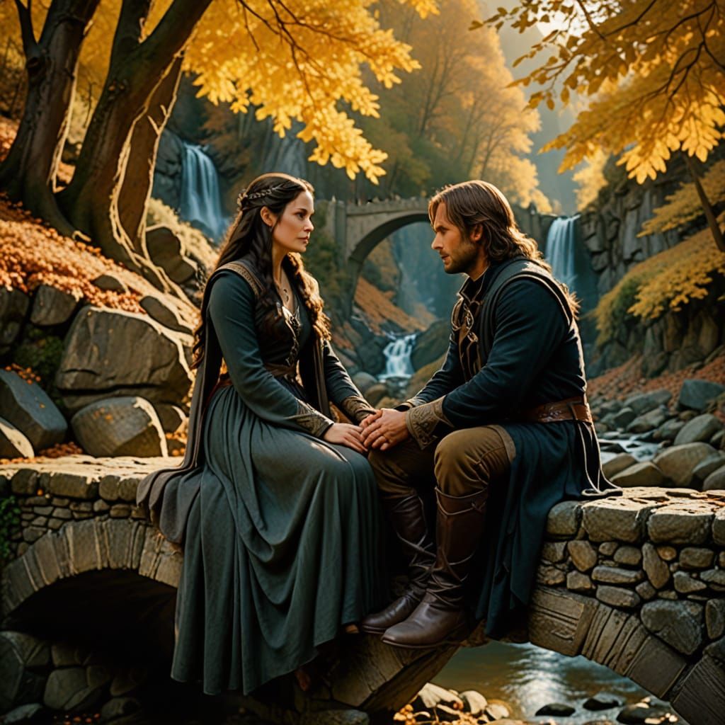 Arwen and Aragorn in Rivendell on a Stone Bridge