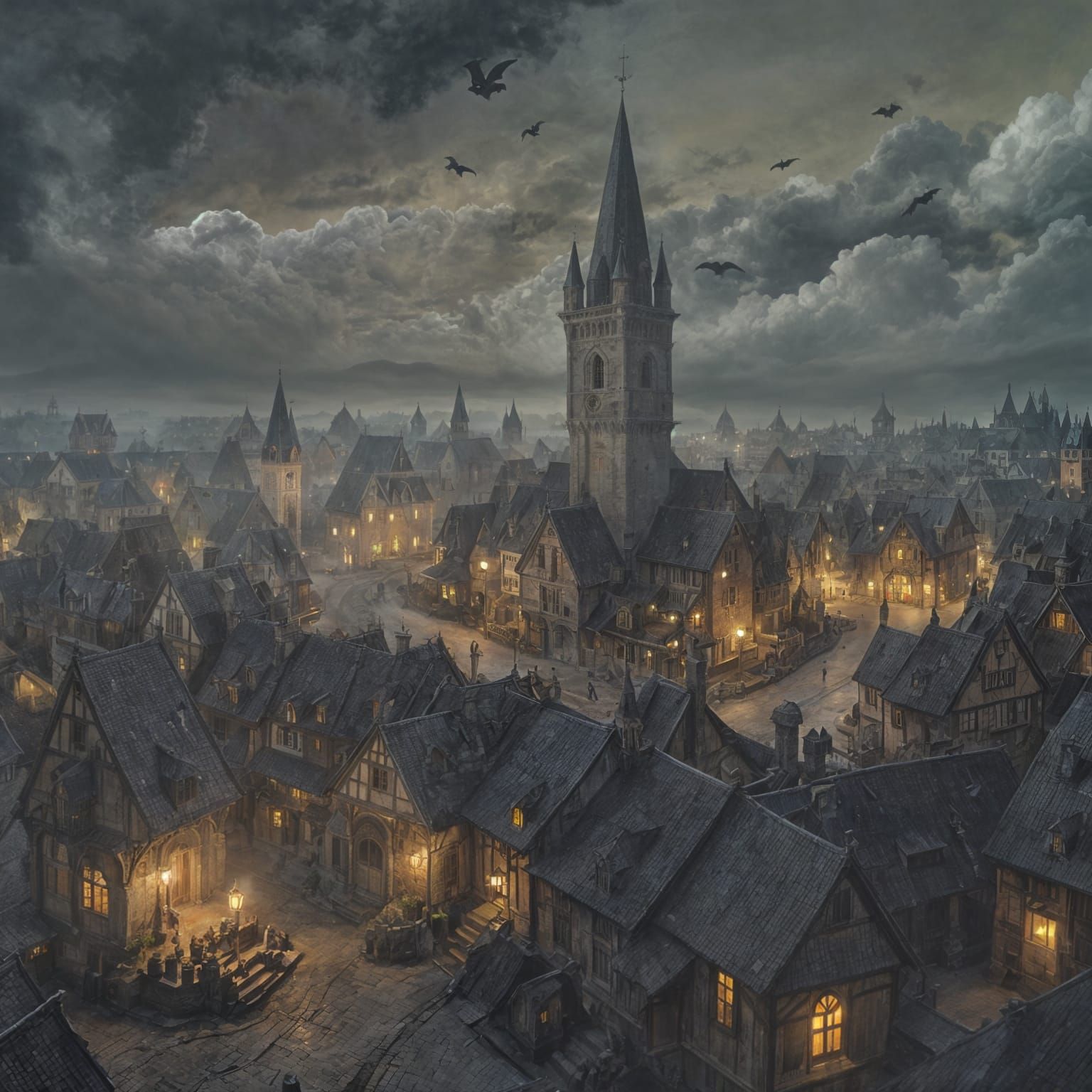 Medieval Zentangle Village in Fog with Bell Tower