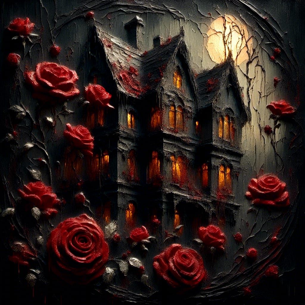 <lora:Chiaroscuro:1.0>a roses- and cobwebs covered Haunting ...