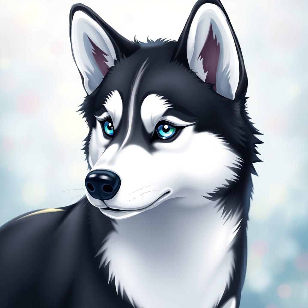 Anime-Style Black and White Husky with Vibrant Blue Eyes