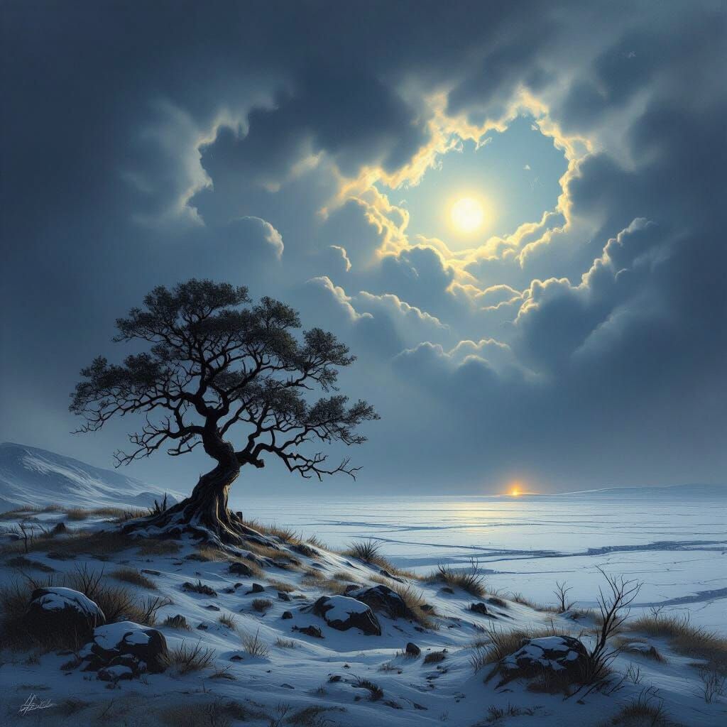 Ancient Oak on Snowy Hill Under Stormy Moonlit Sky