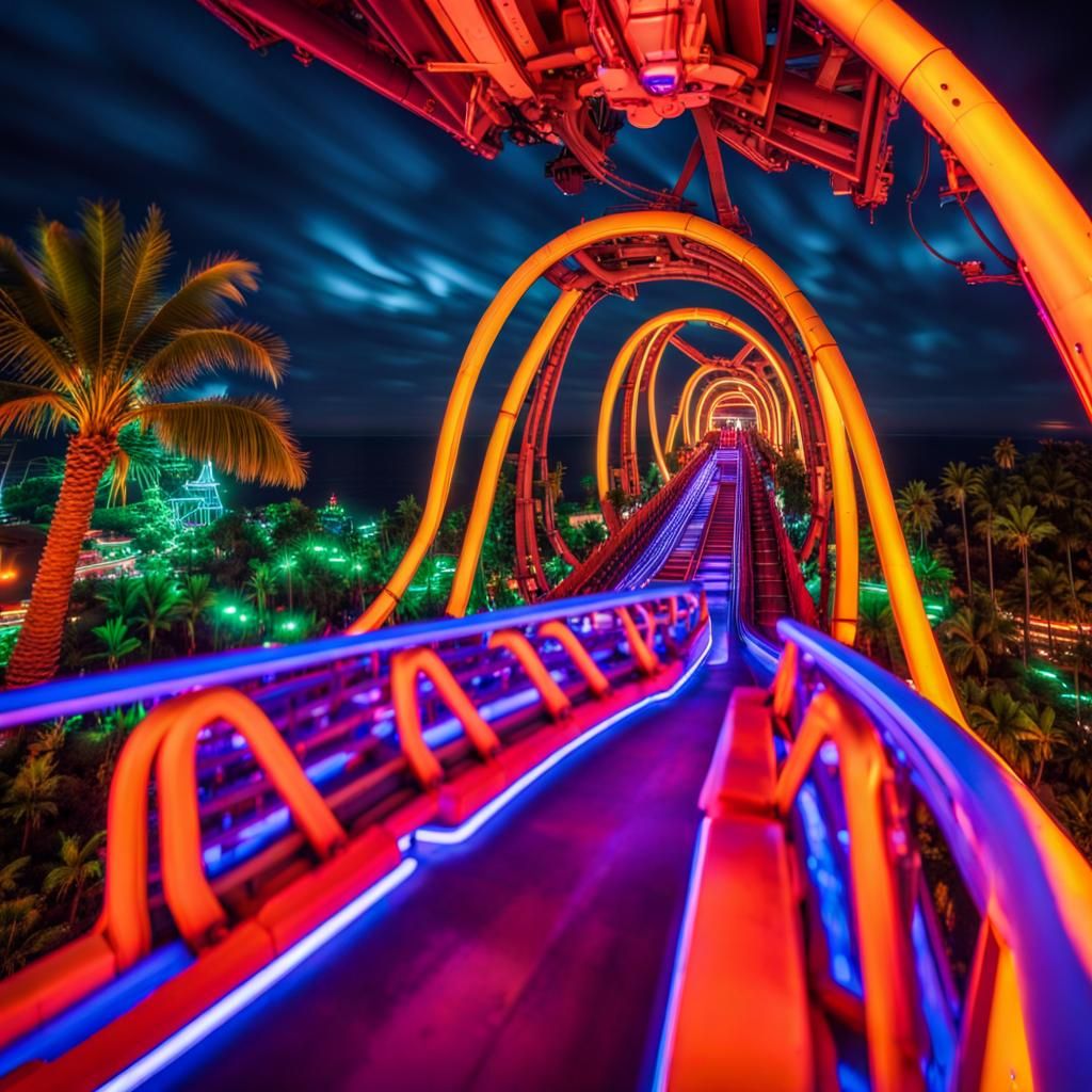 Hyperrealistic Neon Theme Park Rollercoaster Ride