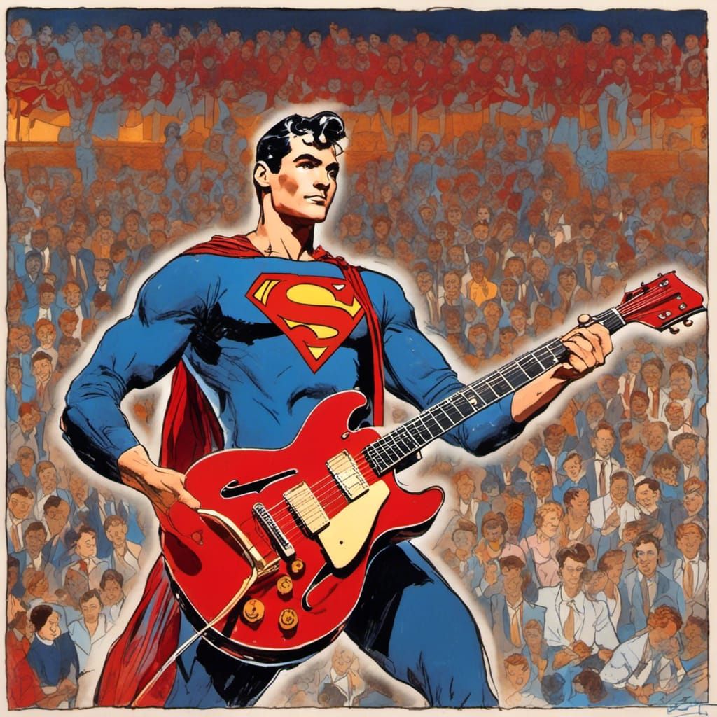 Superman on stage at a 1950’s high school dance playing a bright shiny red hollow body electric guitar.