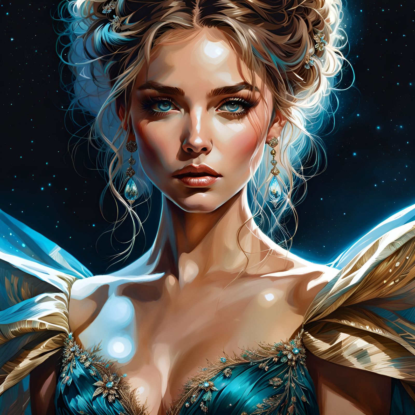 Gorgeous Woman in Ball Gown at Night