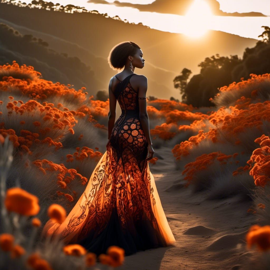 Sunset Portrait of Woman in Black and Orange Dress