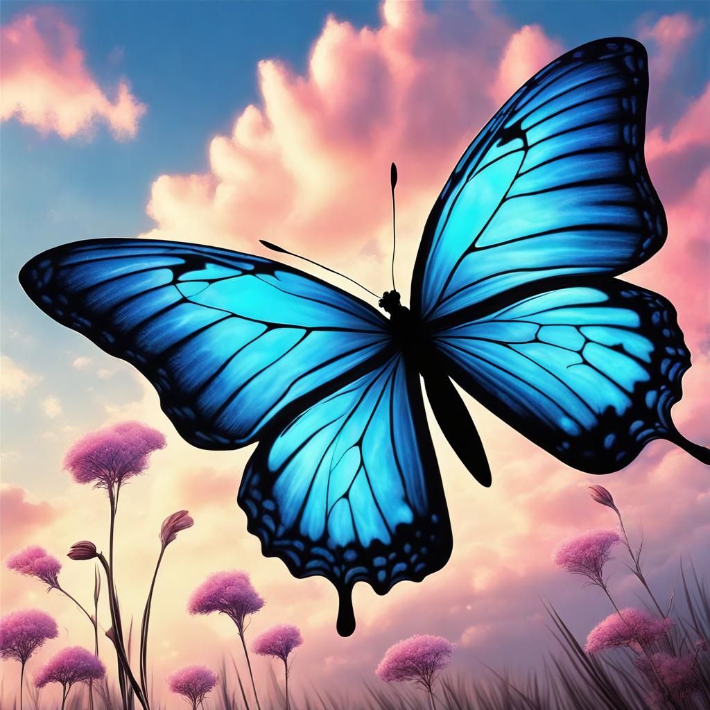 Glowing Blue Butterfly in Pastel Sky