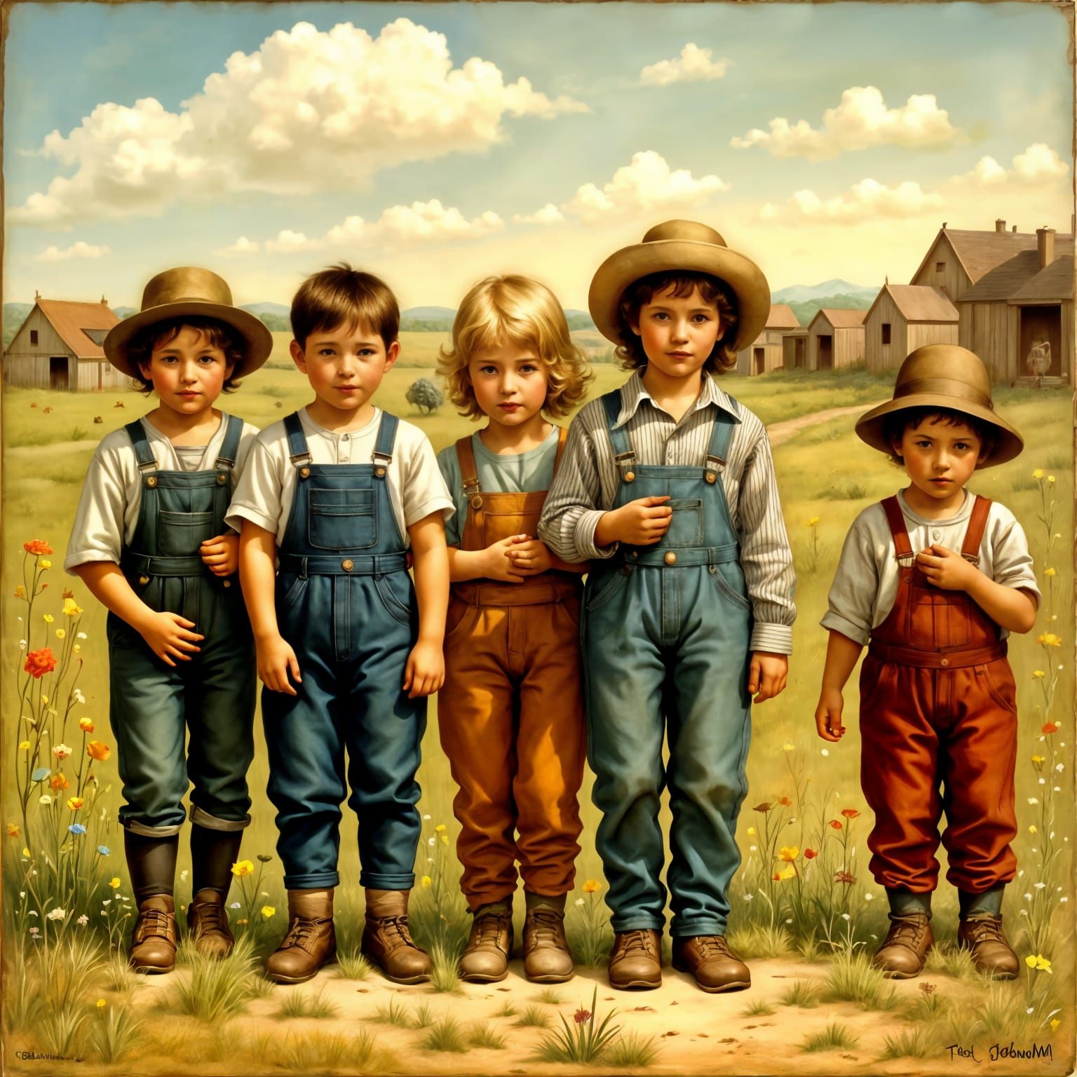 <lora:my cute world:1.0> children wearing overalls in a barnyard, by bessie pease gutmann