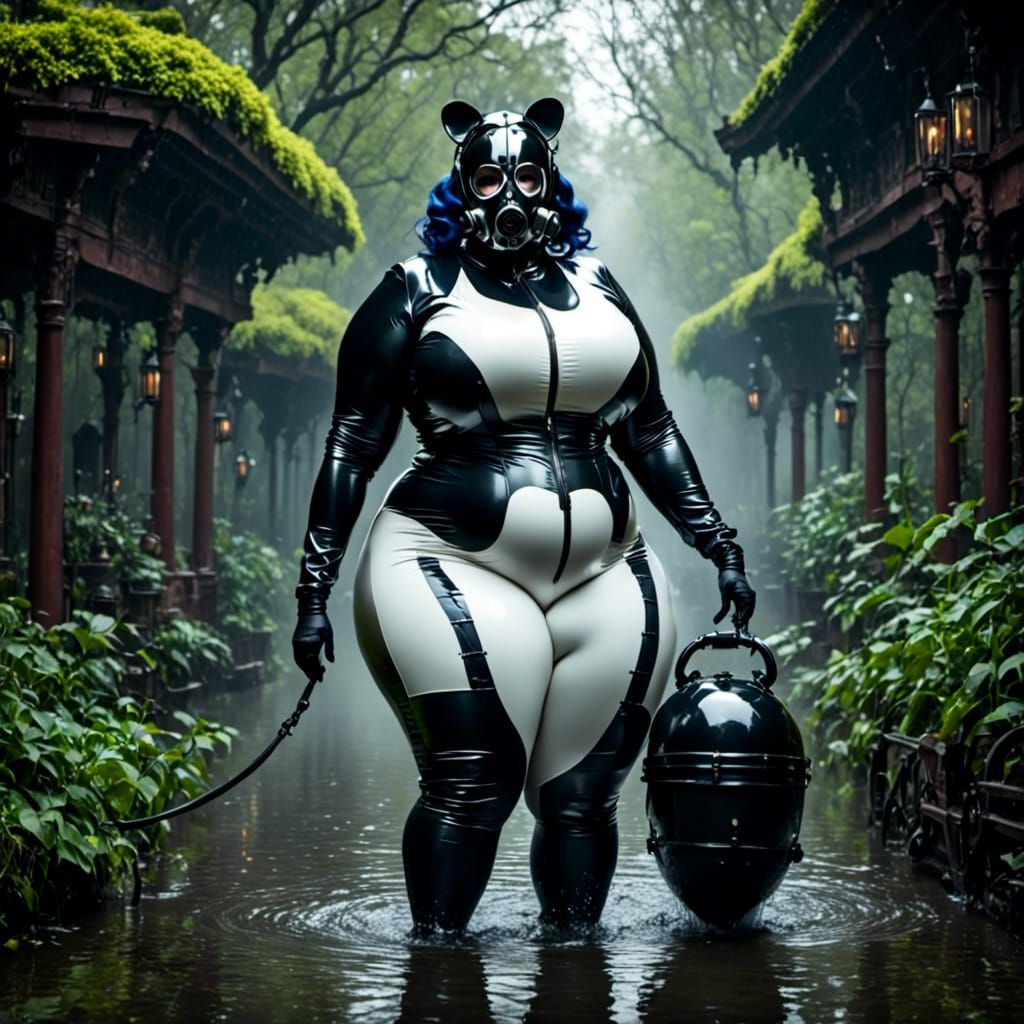 Curvy Woman in White Latex Catsuit and Gasmask