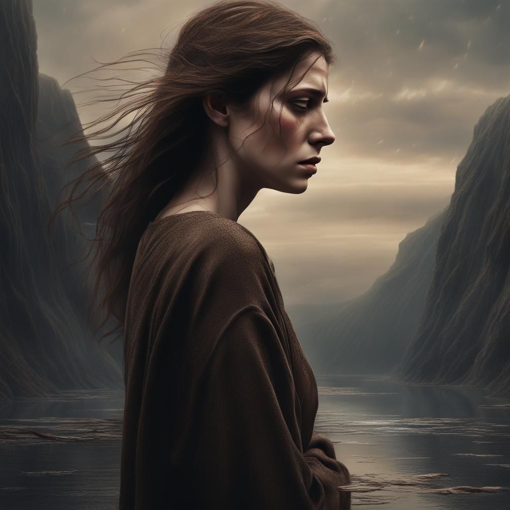 a woman with medium-length brown hair, her eyes reflecting profound sorrow and despair. Convey the weight of her emotion...