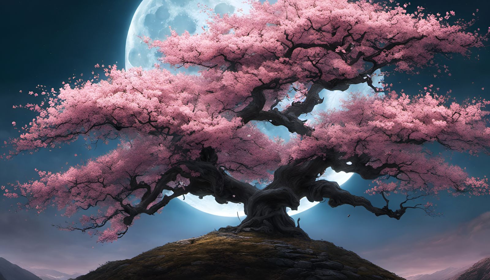 Cherry Blossom Tree with Moon, Film Noir Style