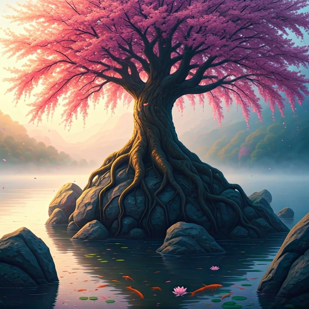 Majestic Cherry Blossom Tree in Impressionistic Style