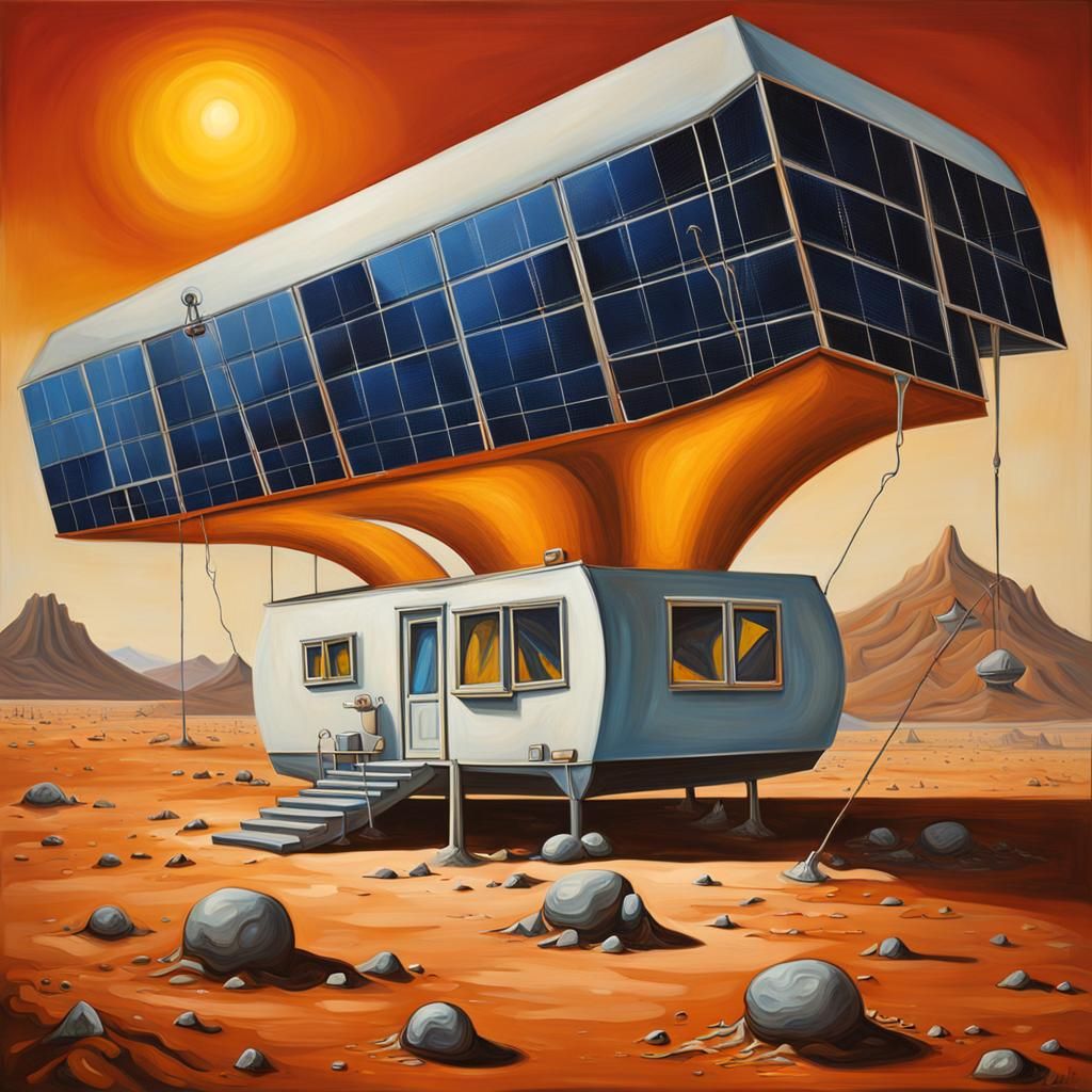 Surreal Mobile Home on Mars: Dali-esque Oil Painting