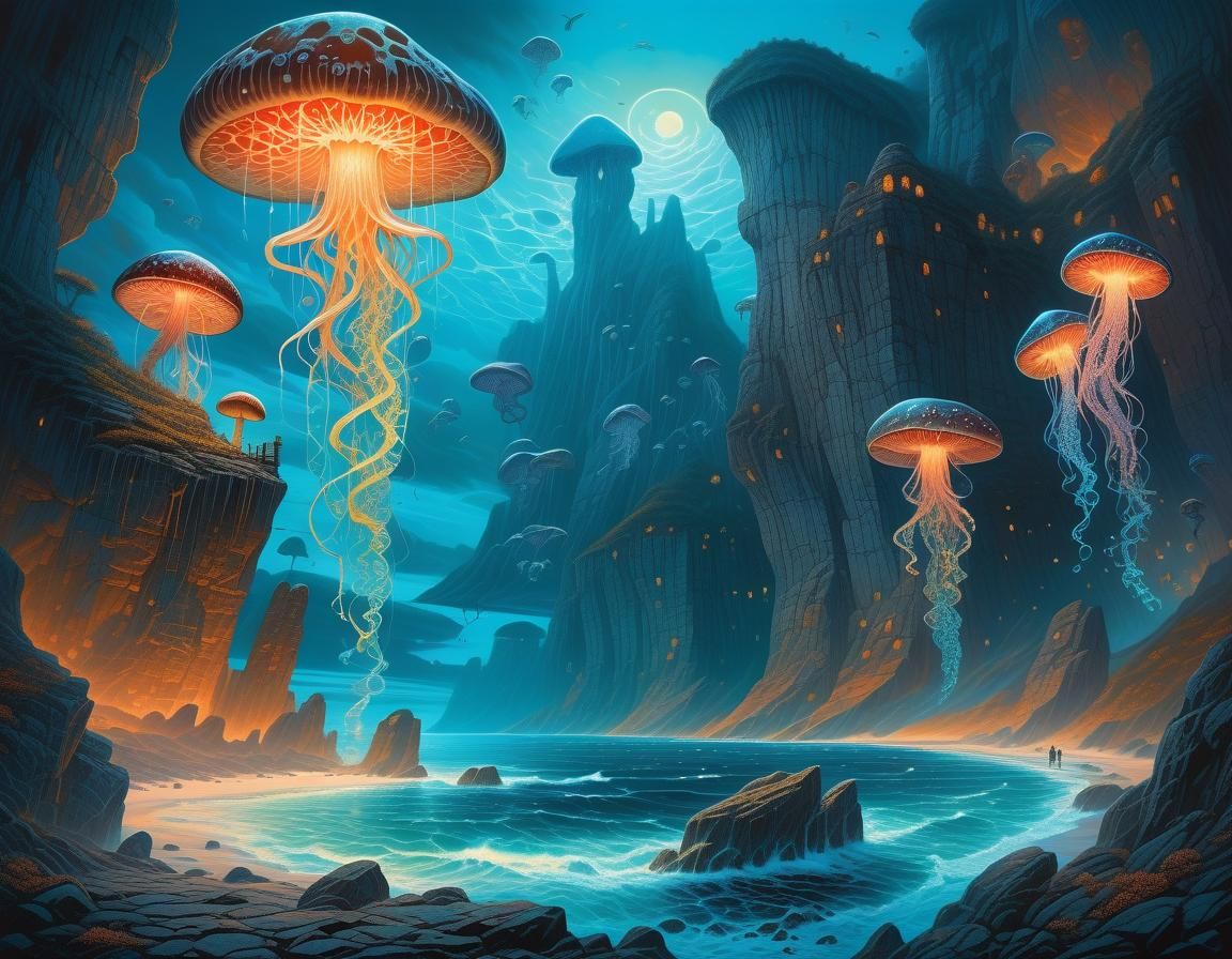 Bioluminescent Mushrooms in Dark Fantasy Cliffscape
