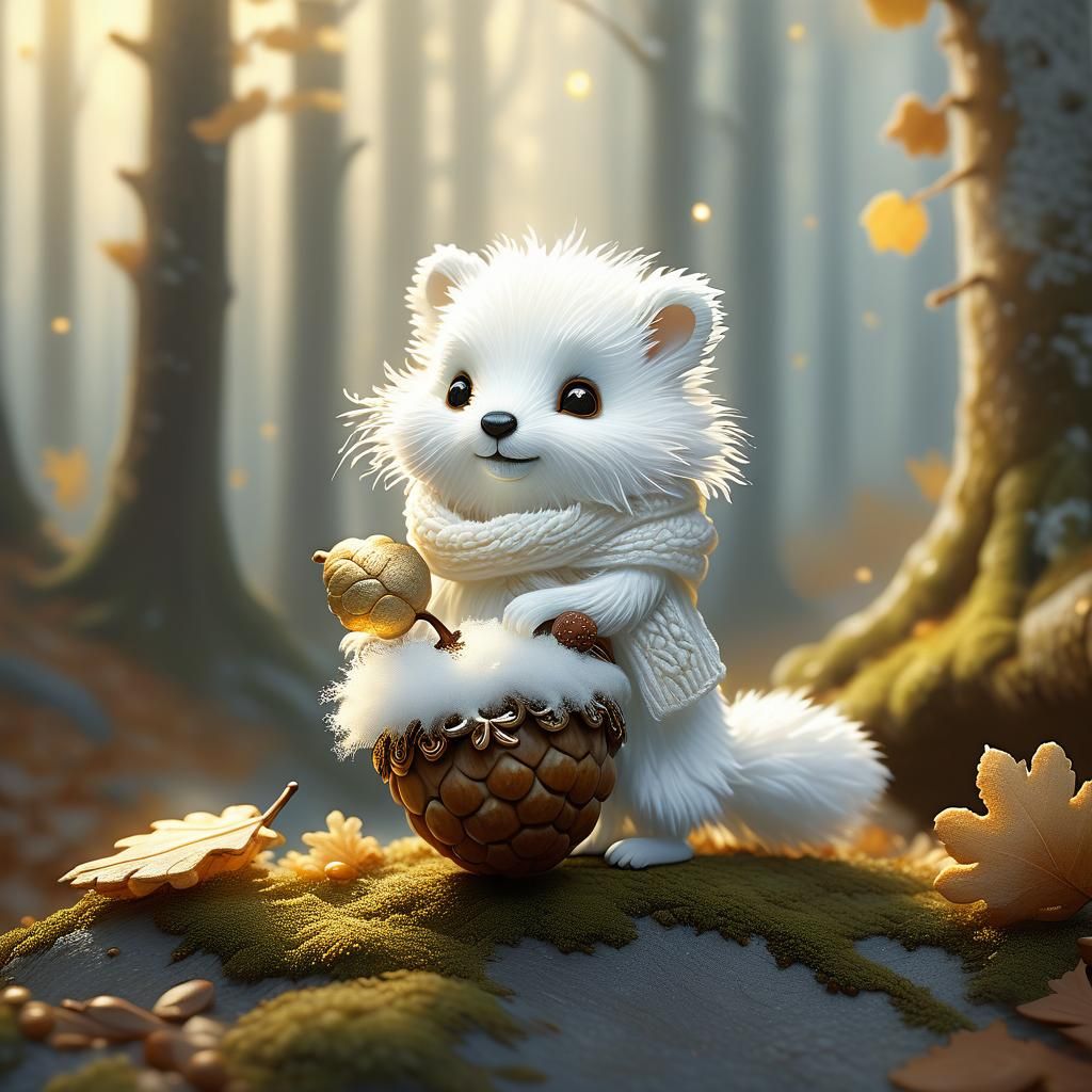Fluffy Creature's Acorn Ride: Cottagecore Fantasy Art