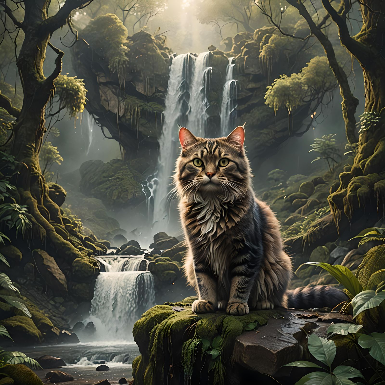 Cat in Waterfall Forest: Digital Matte Painting