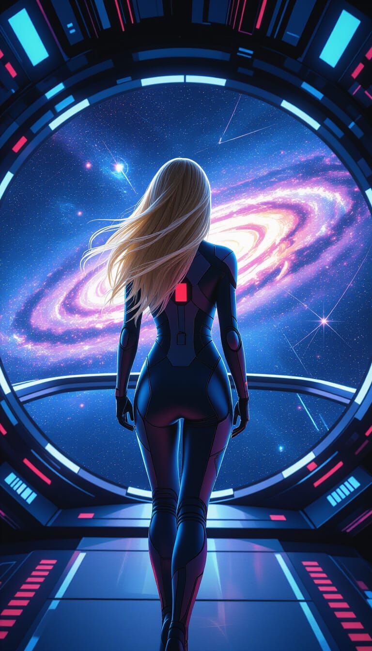 Woman on Spaceship Bridge in a Digital Art Style