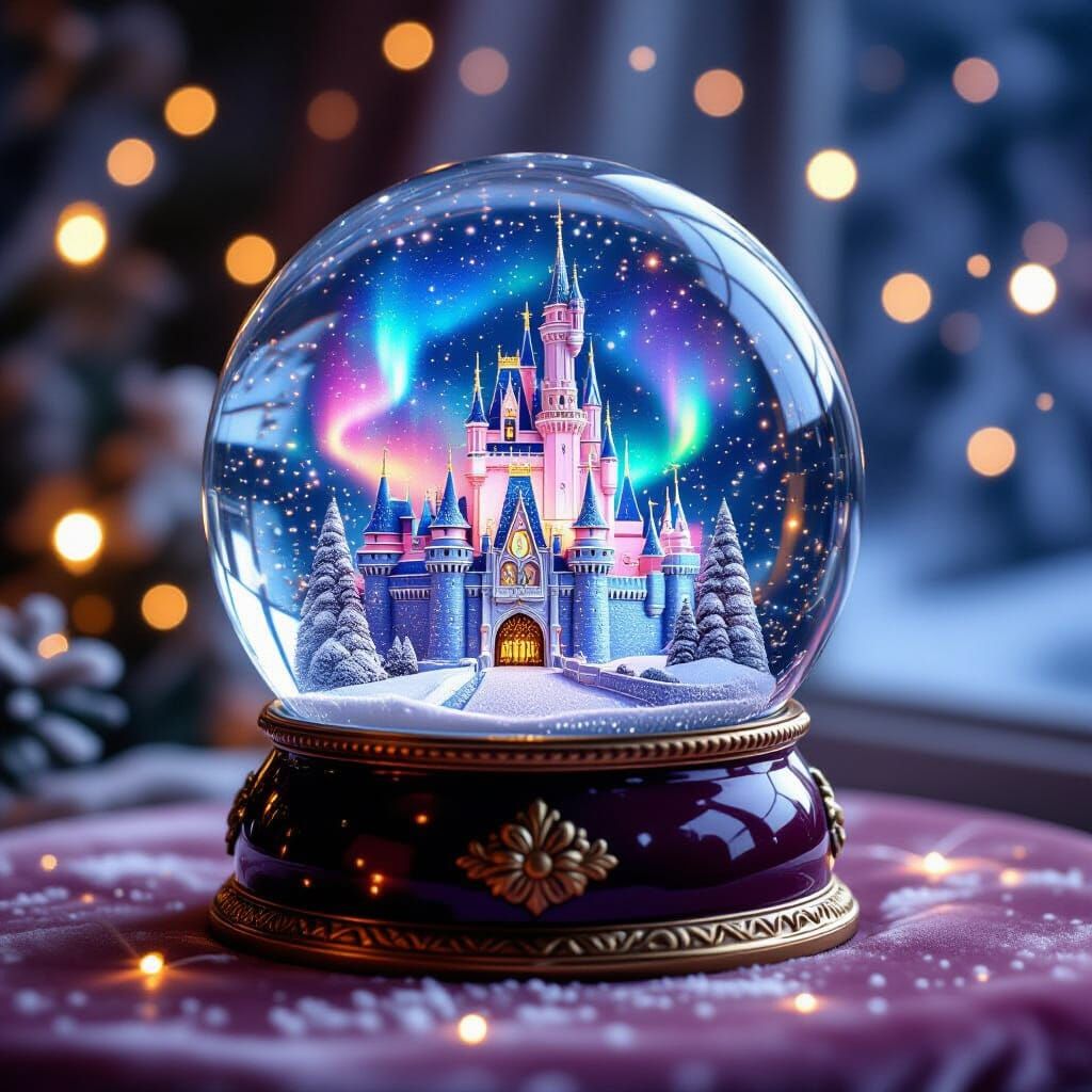 Enchanted Castle Snow Globe With Aurora Lights