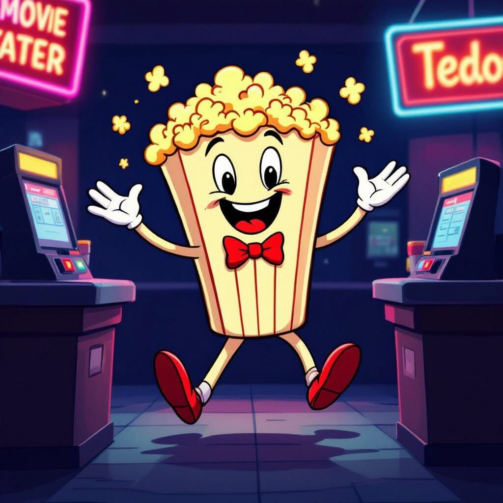 Dancing Popcorn Character in Movie Theater Cartoon Style
