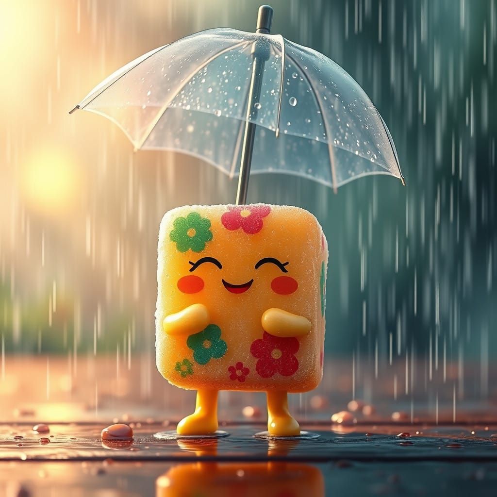 Sugar Cube Finds Joy Under Umbrella on Rainy Day in Vibrant....