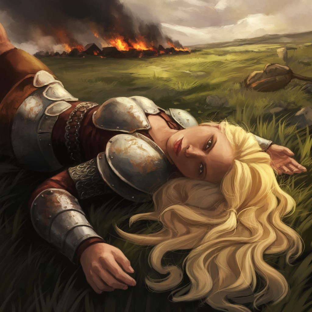 Golden Viking Shield Maiden on a Battle-Scarred Landscape