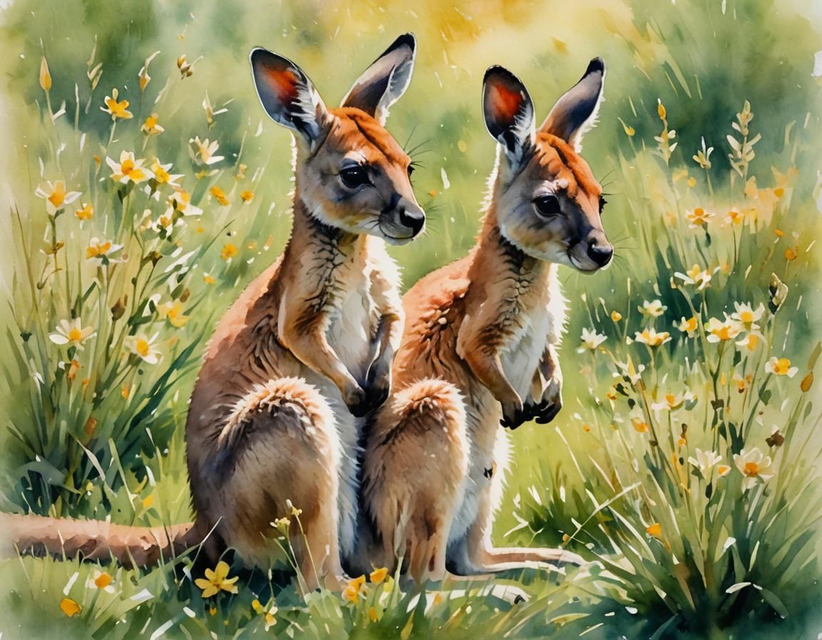 Kangaroo in Meadow: Impressionist Watercolor Painting