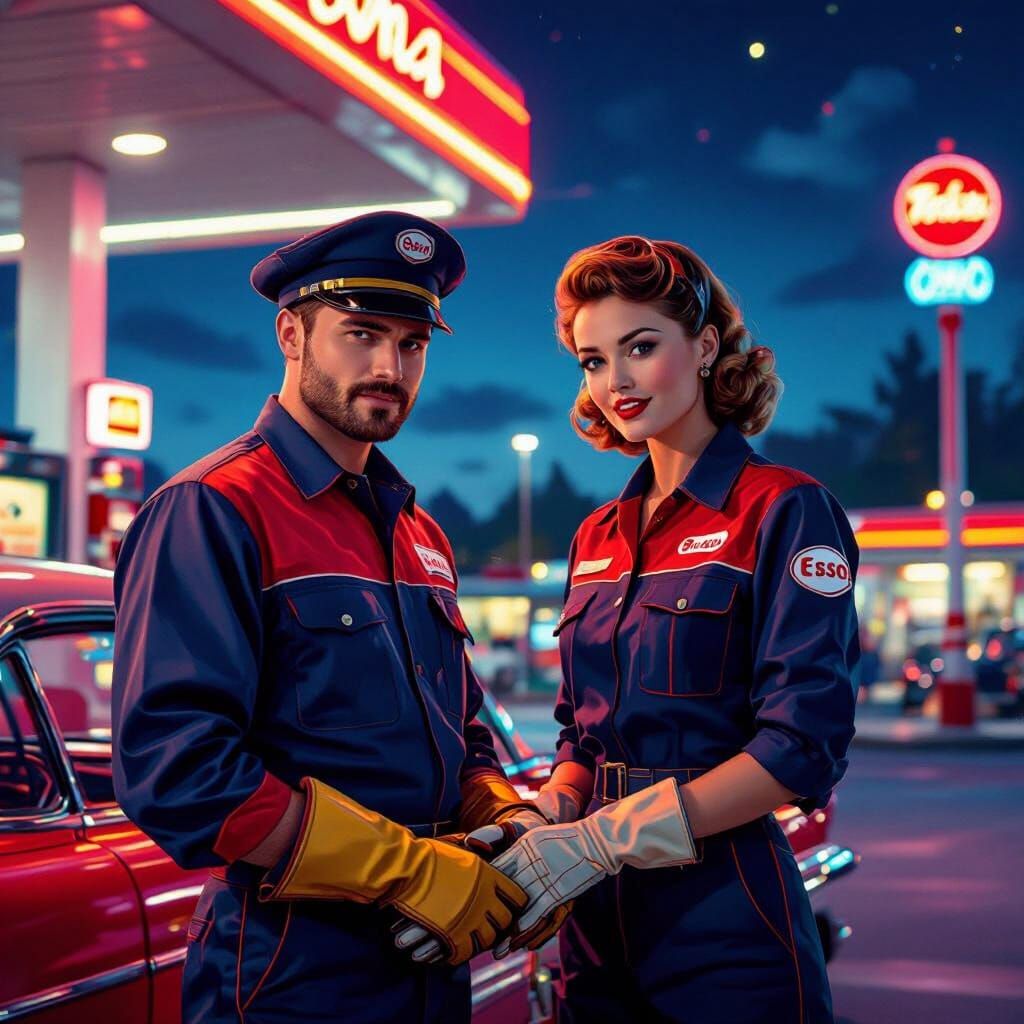 Esso Gas Station Attendant in Neon-Lit 1950s Style