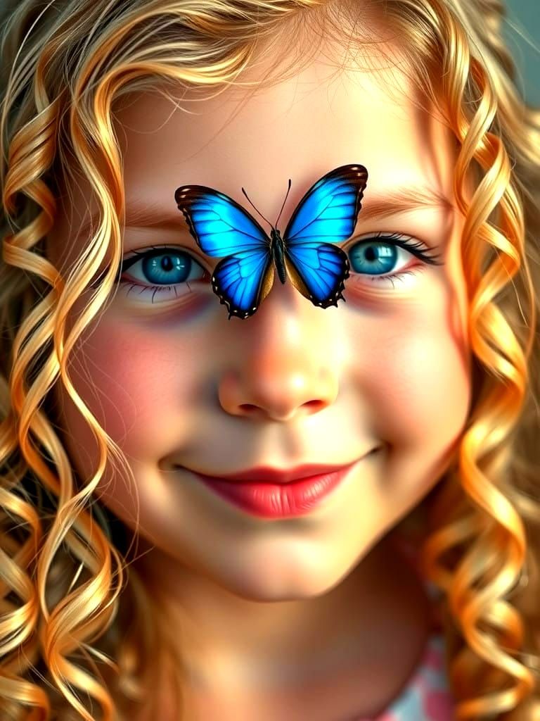 Blonde Girl Smiles with Butterfly on Nose, Professional DSLR...