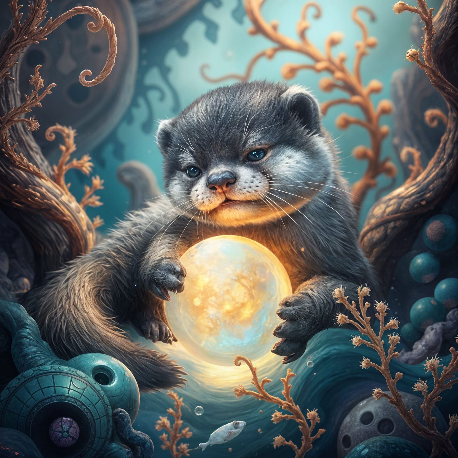 Fantastical Feline Otter at Play in Vibrant Fantasy Realm