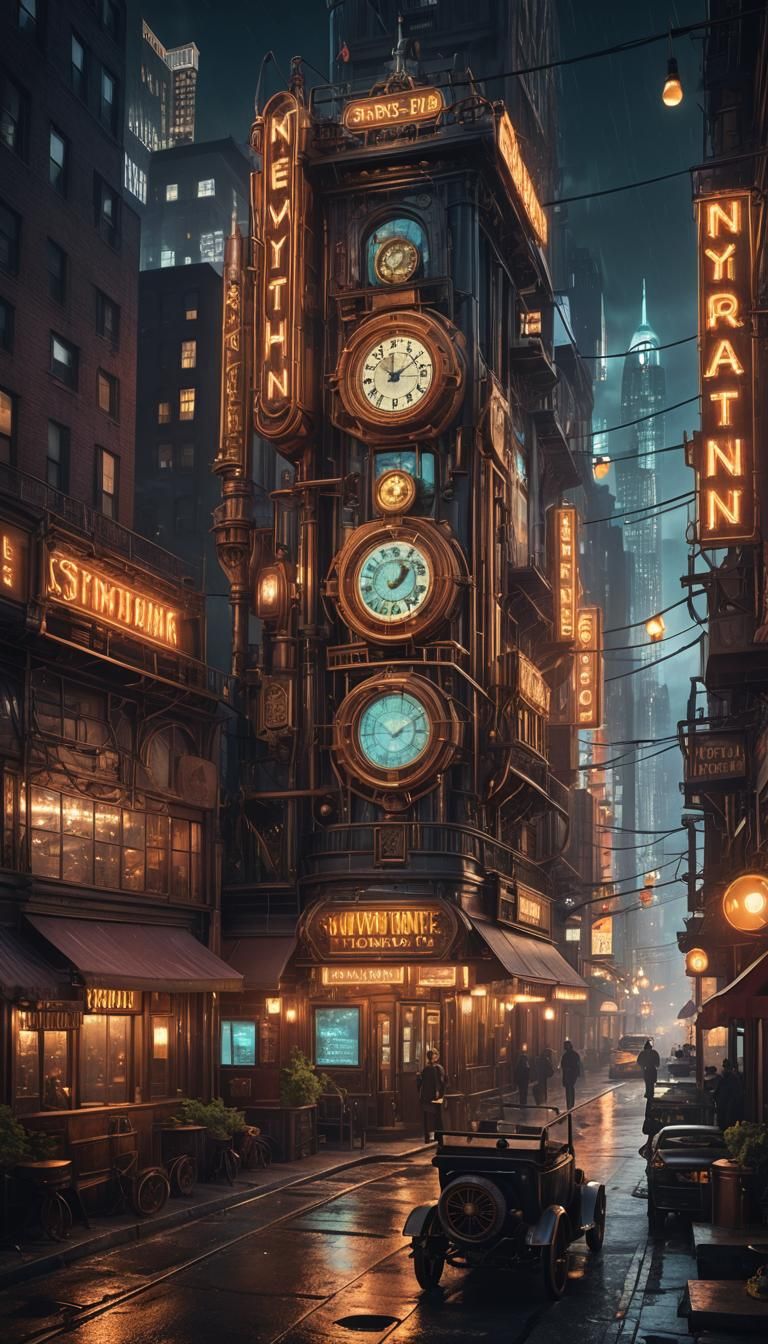 1920's New York steampunk neon lights at night, detailed mat...