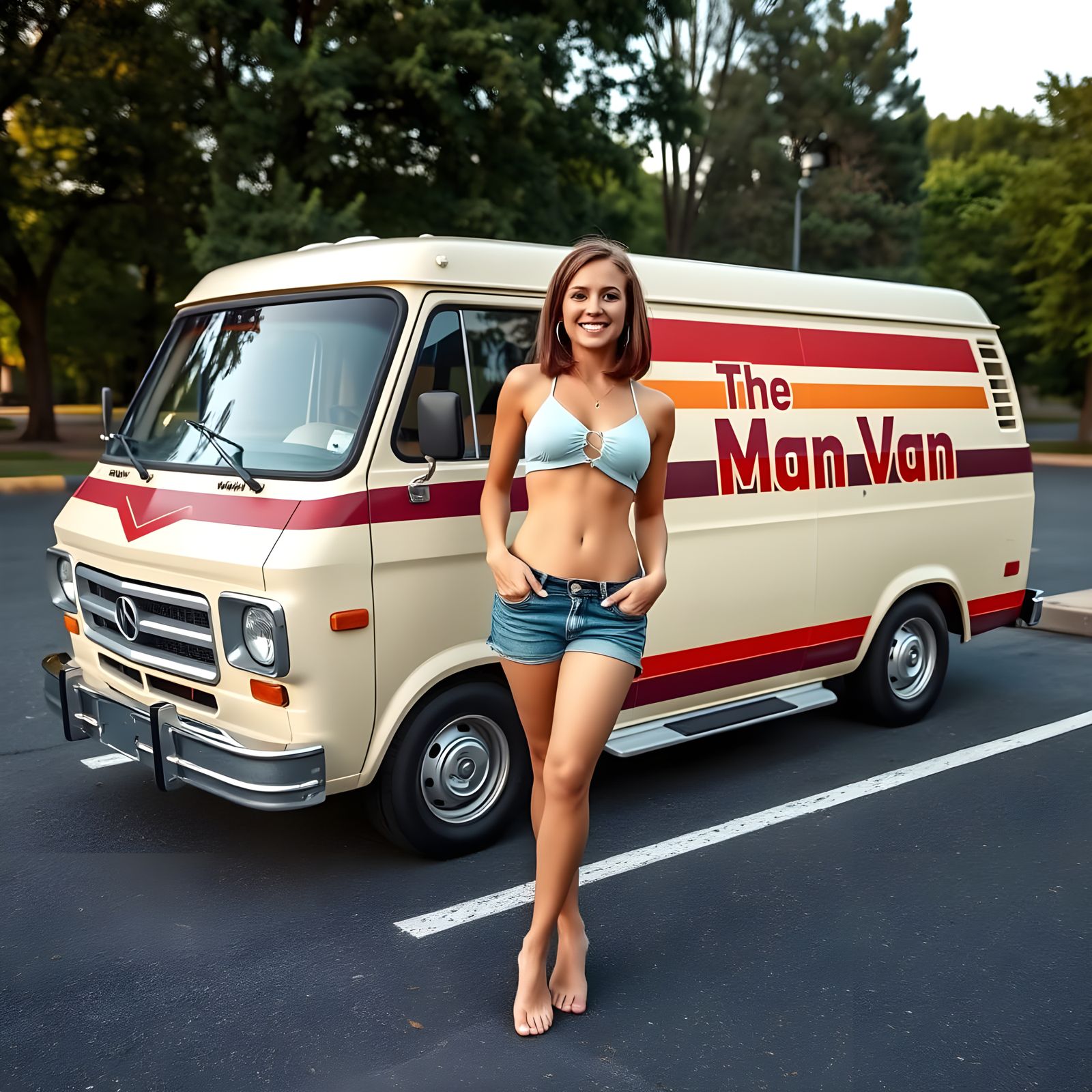 Young Woman Leans Against Custom Cream-Colored Van in a Park...