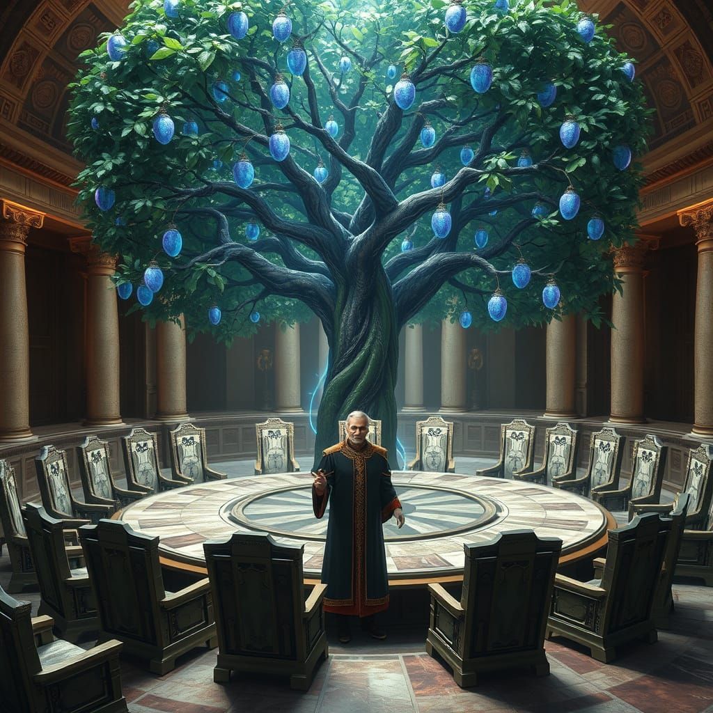 Grandiose Council Chamber with Ancient Tree and Regal Figure
