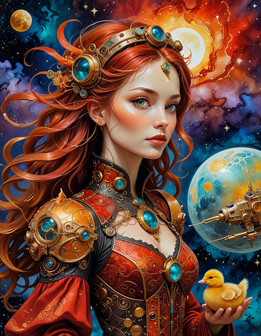 Steampunk Sorceress on Lunar Base Alpha, Surreal Painting