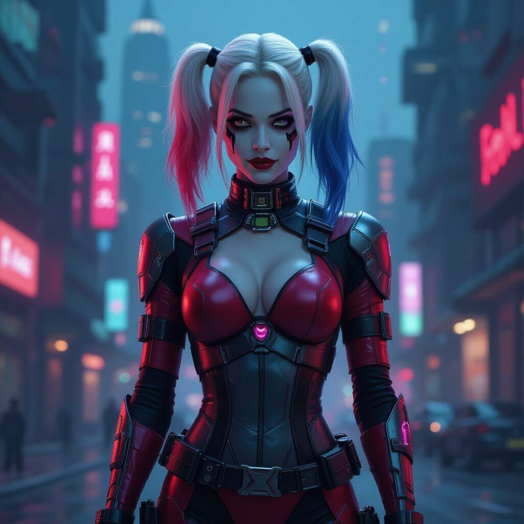 Futuristic Harley Quinn in Cyberpunk Cityscape