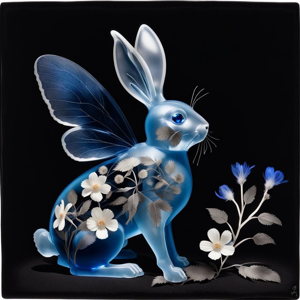 Blue Glass Winged Bunny Photogram in Surrealist Style